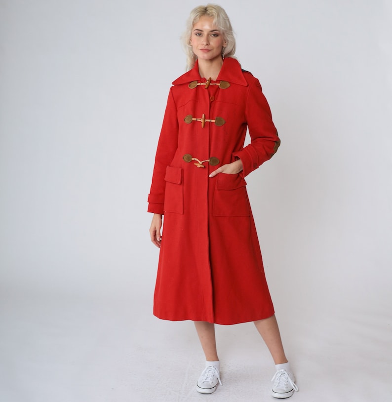 Red Hooded Coat 70s Wool Peacoat Toggle Button up Trench Pea Coat Long Jacket Warm Winter Trenchcoat Hood Elbow Patches Vintage 1970s Small image 2