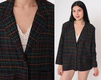 Black Checkered Blazer 90s Rainbow Print Button up Jacket Retro Preppy Tartan Academia Clueless Chic Office Vintage 1990s Large L