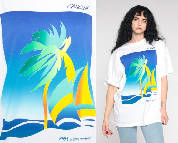 Peter Mussfeldt Cancun Shirt Sailboat Tshirt 00s Peer Palm Tree Shirt Graphic T Shirt Vintage Tropical Beach 2000s White Extra Large xl