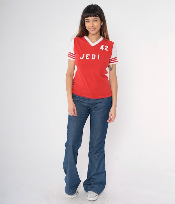 Vintage 80s Red Ringer Tee Shirt Jedi Graphic T-shirt V-neck