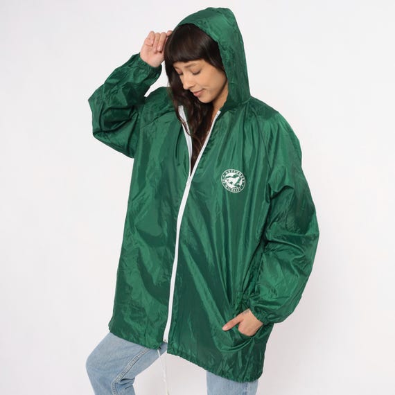 Green Hooded Windbreaker Y2K "Defenders of Wildlife" Rain Jacket Outdoor Hiking Gorpcore 90s Nature Graphic Athletic Coat Forest Wolf Logo