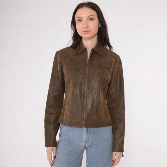 Vintage Brown Leather Jacket Y2K Western Flame Applique Fitted Zip Up Moto Jacket Retro Coat Motorcycle Jacket Bohemian 00s Small s