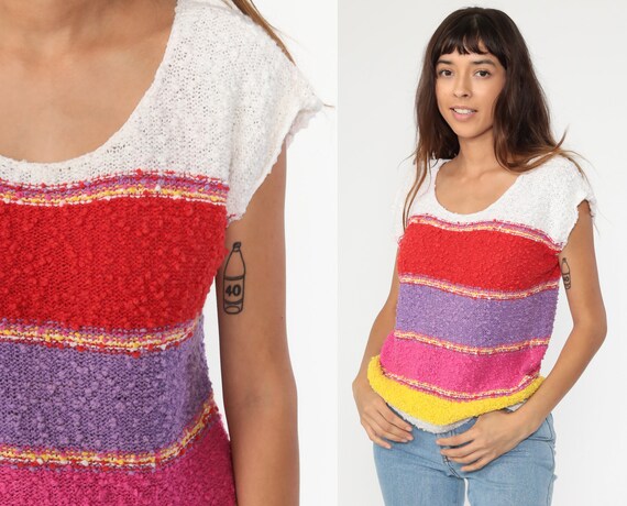 Striped Sweater Top 80s Knit Shirt RAINBOW Boho PO