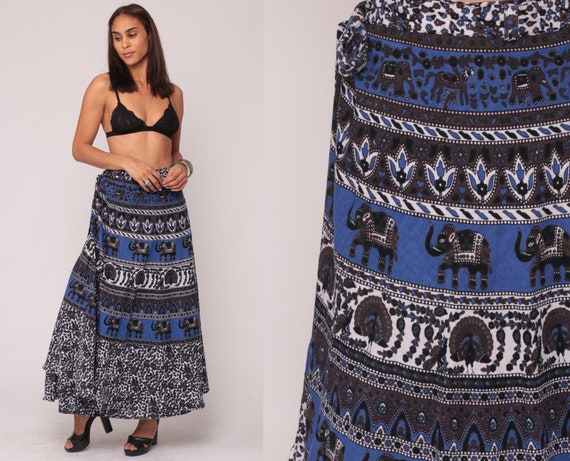 Hippie Skirt Indian ELEPHANT Maxi Ethnic Wrap Boho Cotton BIRD Bohemian Batik High Waist Vintage Blue Sarong Small Medium Large