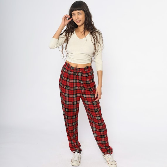 90s Red Tartan Pants High Waist Plaid Trousers Grunge Checkered Full Length Pleated Front Black Green Yellow Pattern Vintage Preppy Medium M
