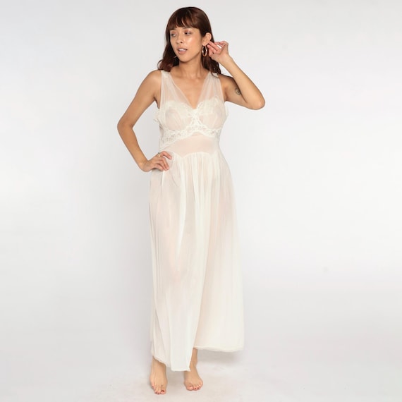 Vintage 60s Vanity Fair Negligee Sheer Lace Ivory Tricot Nightgown V Neck Nylon Lingerie 1960s Full Length Slip Gown Romantic Medium 36