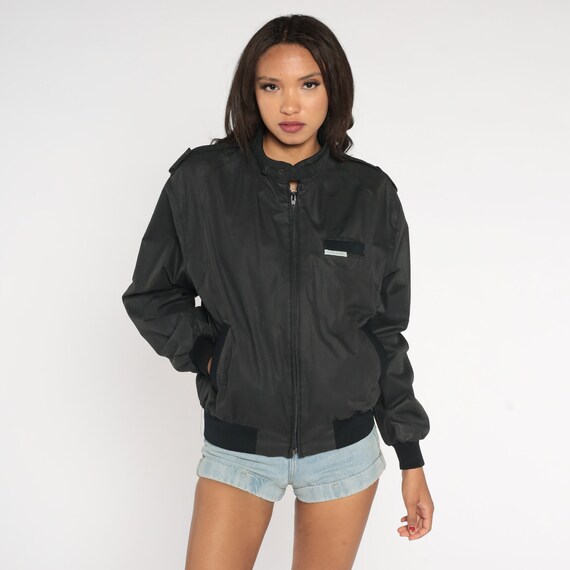 Black Bomber Jacket 80s Windbreaker Plain Retro Zip Up Jacket Moto Jacket Casual Sporty Cafe Racer Vintage 1980s Outdoor Exchange Small