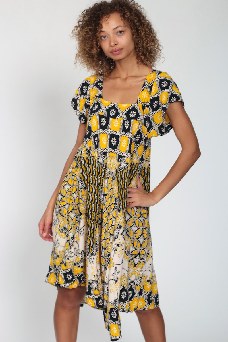 Batik Dress Boho Hippie Dress 80s Midi FLORAL Tent Caftan Dress Yellow Beach Festival Bohemian Dress 1980s Vintage Indonesian Extra Small xs