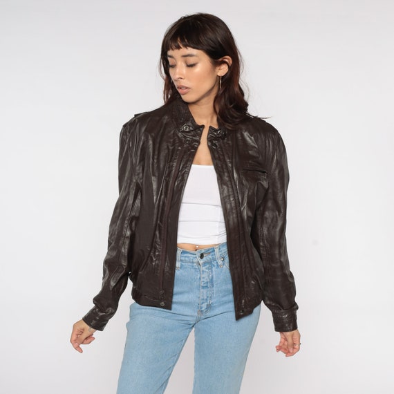 Leather Moto Jacket 80s Brown Coat Boho Hippie Vintage Hipster Zip Up Motorcycle Jacket Bomber Jacket Collared Large
