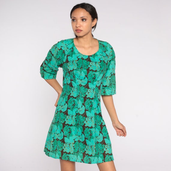Hawaiian Floral Dress 70s Tropical Mini Dress Retro Hibiscus Print Day Dress Princess Seam Minidress Brown Green Vintage 1970s Small Medium