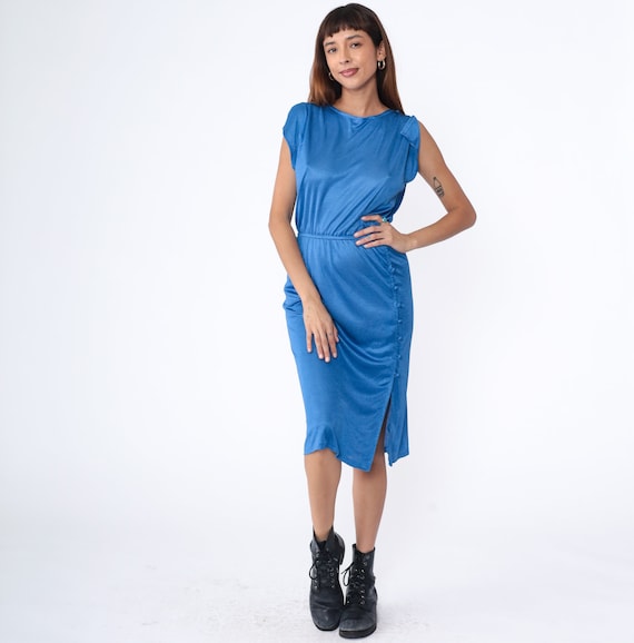 70s Midi Dress Plain Blue Split Cap Sleeve Dress 1970s High Elastic Waist Disco Grecian Button Up Retro Seventies Boho Vintage Small S
