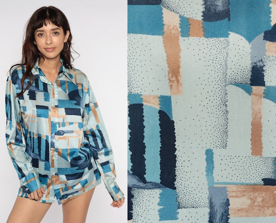 Hippie Shirt 70s Psychedelic Print Shirt Boho Disco Top 1970s Vintage Bohemian Button Up Long Sleeve Blue Brushstroke Shirt Men's Large 16