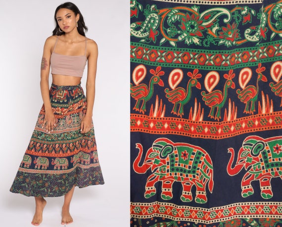 Indian WRAP Skirt Batik Elephant Print Maxi Boho Vintage Hippie Festival High Waist Bohemian Dark Blue Red Small Medium Large