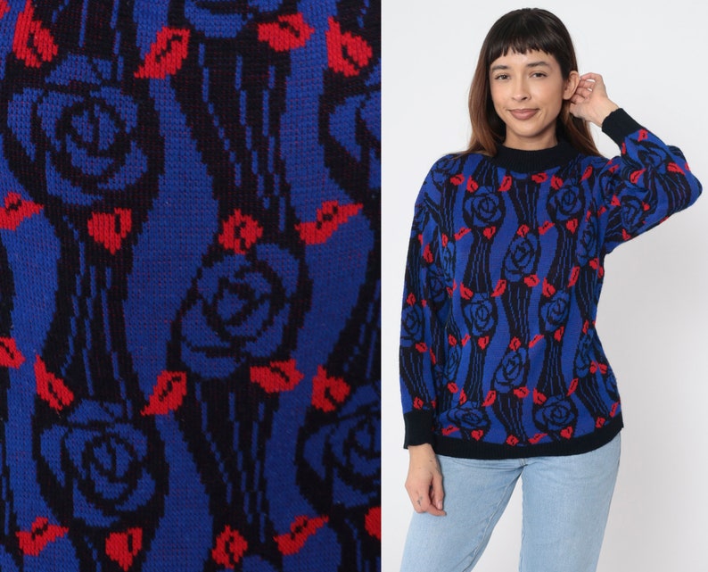 Blue Floral Sweater 80s Graphic All Over Print Black Ringer Neck Rose Petal Jacquard Slouchy Knit 1980s Pullover Vintage Jumper Small image 1