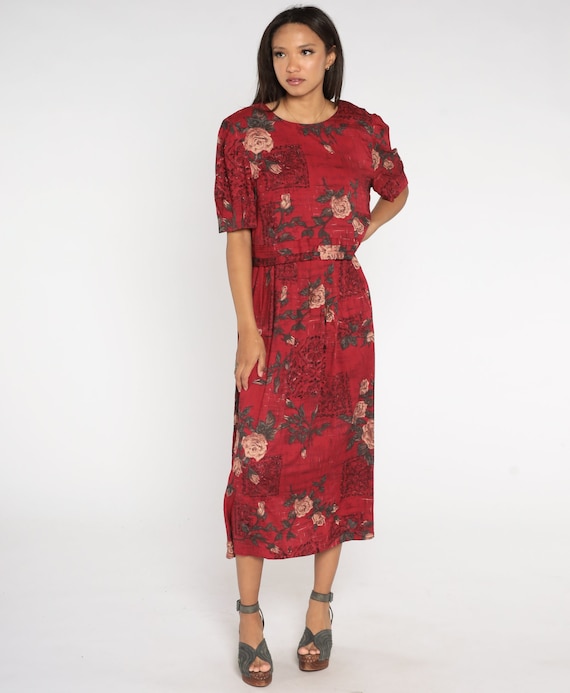 Red Floral Dress 90s Rose Print Rayon Dress Twofer Ankle Length Maxi Secretary Dress Casual 1990s Vintage Bohemian Short Sleeve Large 12