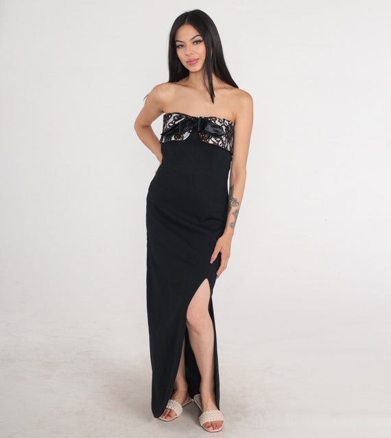 Strapless Party Dress Y2k Long Black Dress High Side Slit Bow Formal Gown Cocktail Ankle Length Maxi Evening Prom Glam Vintage 00s Small S