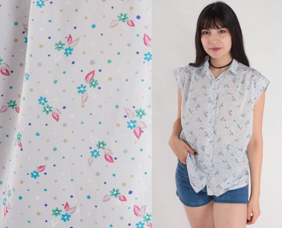 80s Floral Blouse Blue Polka Dot Button Up Shirt Cap Sleeve Top Ditsy Flower Dot Print 70s Summer Girly Casual Boho Vintage 1980s Large L