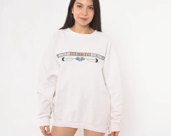 90s Southwestern Sweatshirt Cross Stitch Embroidered Eagle Feather Band Cream Crewneck Pullover Cotton Ivory White Relaxed Fit Top Large L