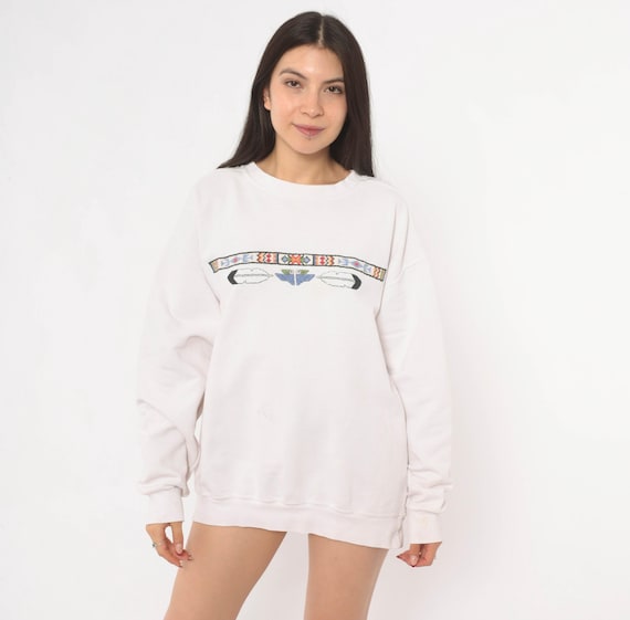 90s Southwestern Sweatshirt Cross Stitch Embroidered Eagle Feather Band Cream Crewneck Pullover Cotton Ivory White Relaxed Fit Top Large L