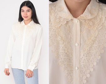 Lace Bib Blouse 90s White Button up Shirt Floral Pearl Beaded Top Long Sleeve Rounded Collar Romantic Boho Vintage 1990s Kathy Che Medium 10