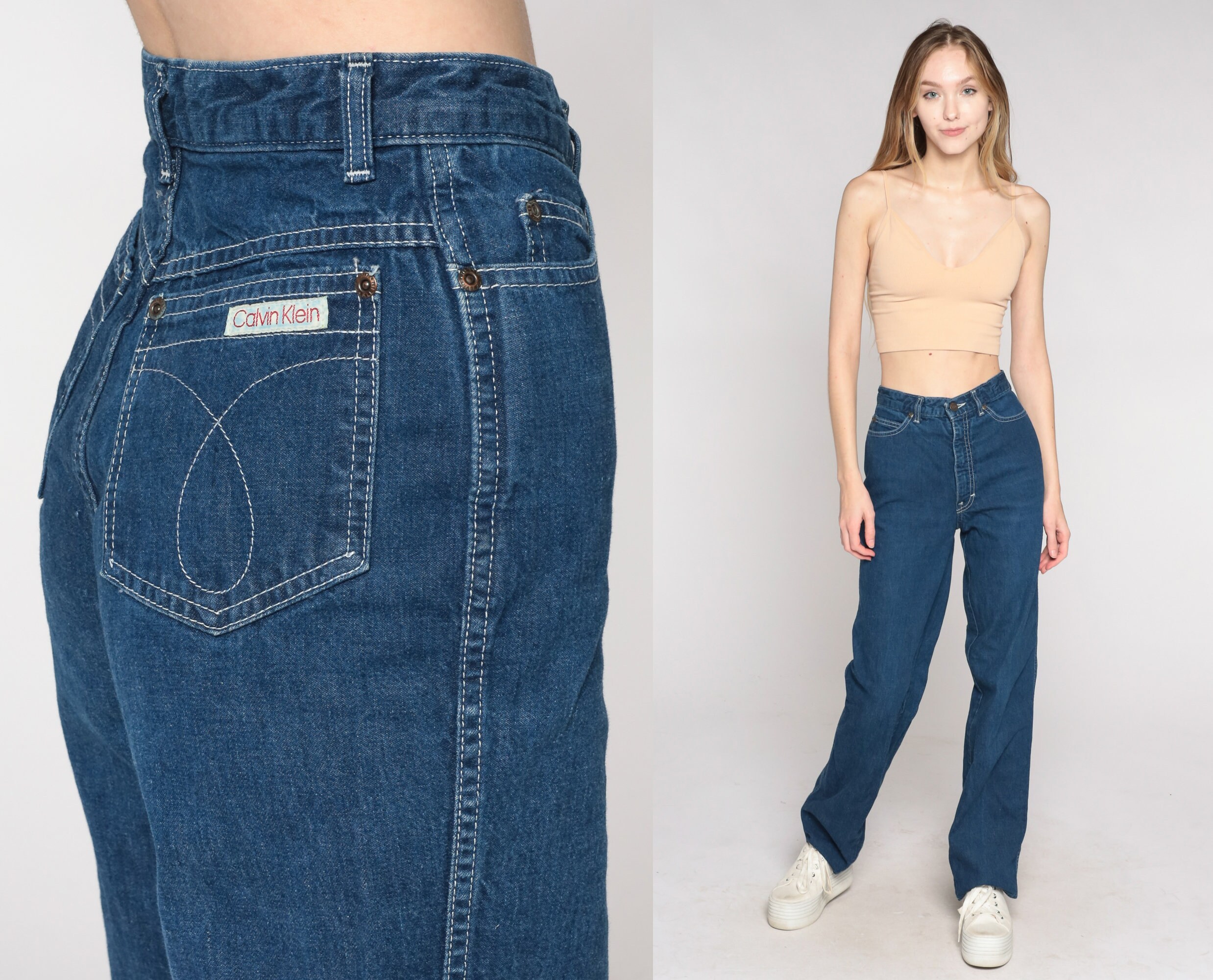 80s Calvin Klein Jeans Straight Leg Jeans High Waisted Rise Jeans Retro  Dark Wash Denim Pants Blue Relaxed Vintage 1980s Extra Small xs 25