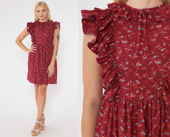 70s Floral Ruffle Dress Burgundy Mini Boho Button Back High Waist Hippie Vintage Minidress Sleeveless Bohemian Kid's 12 2xs