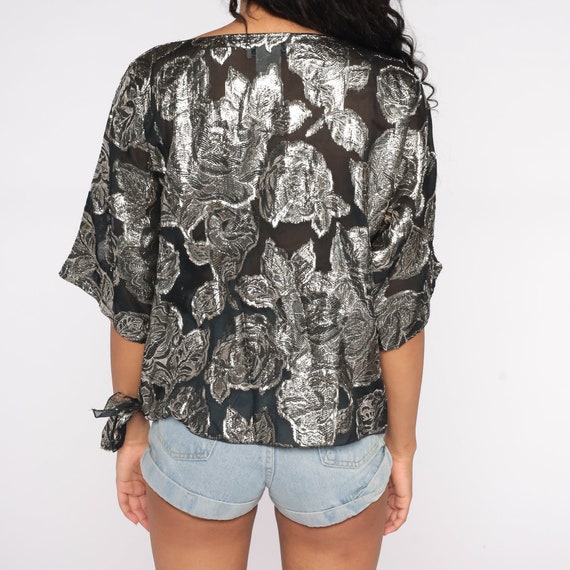 Silver Floral Shirt Metallic Sheer Blouse Rose Pr… - image 8