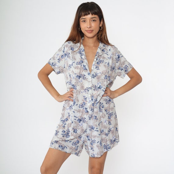 Floral Maternity Romper Y2K White Playsuit Button Up One Piece Wide Leg Shorts Blue Flower Print Short Sleeve Pregnancy Vintage 00s Medium