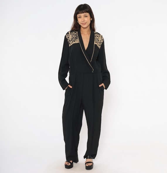 Gold Embroidered Jumpsuit 80s Black Wrap Front Shawl Collar Baroque Shoulder Detail Long Sleeve Wide Leg One Piece Vintage Large L