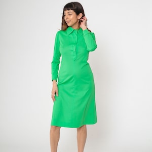 Vintage Lime Green Midi Dress 60s 70s Mod Dress Collar Shift Button Up Retro Long Sleeve Shirtdress Boho Saks Fifth Avenue 1970s Small 6