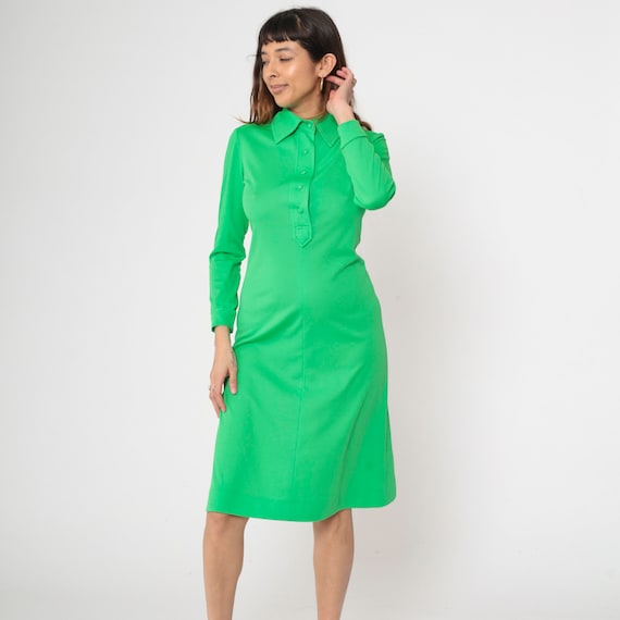 Vintage Lime Green Midi Dress 60s 70s Mod Dress Collar Shift Button Up Retro Long Sleeve Shirtdress Boho Saks Fifth Avenue 1970s Small 6