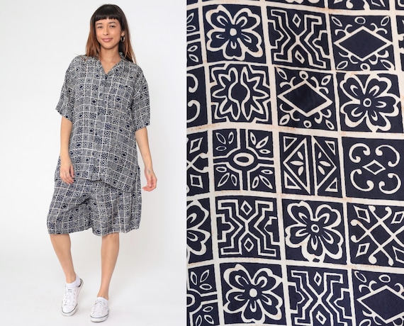 90s Two Piece Set Silk Geometric Shirt and Shorts Button Up Blouse High Waisted Combo Summer Festival Outfit Vintage 1990s Navy Blue Large L