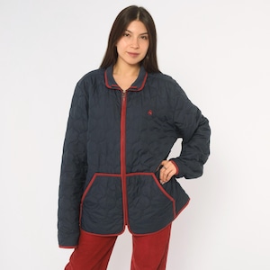 Chaqueta acolchada Y2K de Brooks Brothers, azul marino, burdeos, ribete rojo, ribete en contraste, estilo preppy, bolsillo de parche, abrigo de granero, unisex, vintage, talla XL