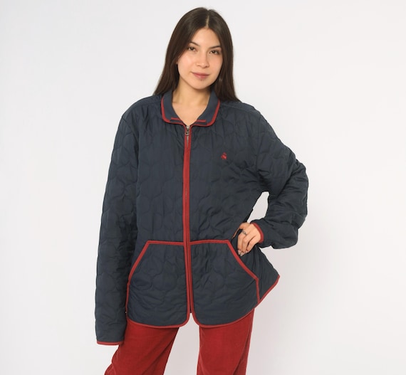 Y2K Brooks Brothers Quilted Jacket Navy Blue Burgundy Red Trim Contrast Piping Preppy Patch Pocket Barn Coat Unisex Vintage Extra Large XL