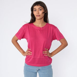 Hot Pink Shirt 80s Plain Tshirt Deep Pink Retro Polo Button Up Collarless T Shirt 90s Vintage Short Sleeve Medium image 3