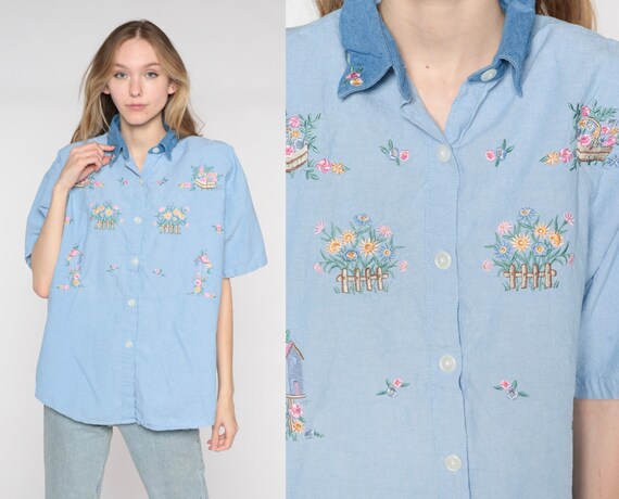 Embroidered Button Up 90s Floral Birdhouse Chambray Shirt Blue Short Sleeve Blouse Boho Retro Spring Top Kawaii Vintage 1990s Extra Large xl