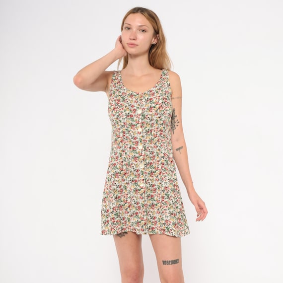 90s Floral Mini Dress Button Front Sundress Sleeveless Rose Print Garden Party Summer Tank Cream Green Pink Cottagecore Vintage Small S