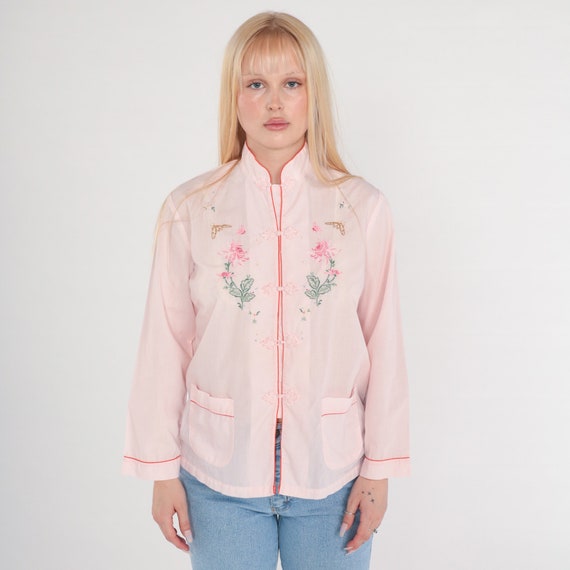 Asian Inspired Top 80s Baby Pink Blouse Butterfly Floral Embroidered Shirt Frog Button up Mandarin Collar Long Sleeve Vintage 1980s Small S