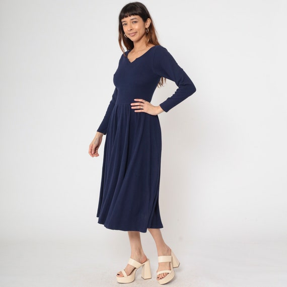 Navy Blue Long Sleeve Dress 90s Minimalist Dress Low Waist Fit and Flare Skater Dress Vintage 1990s Cotton Dress Small