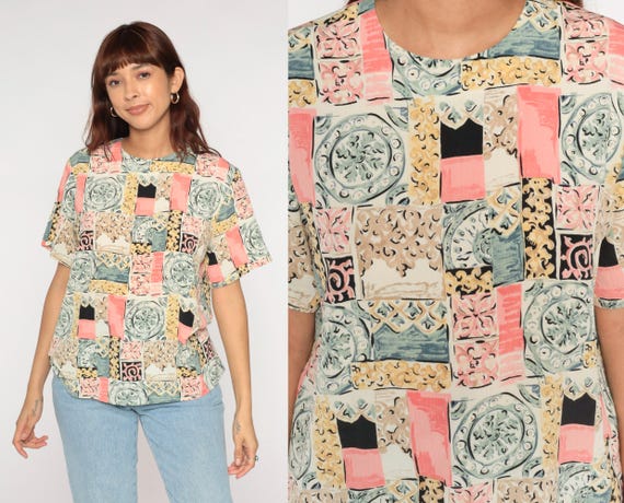 90s Patchwork Blouse Geometric Tile Print Pink Ye… - image 2