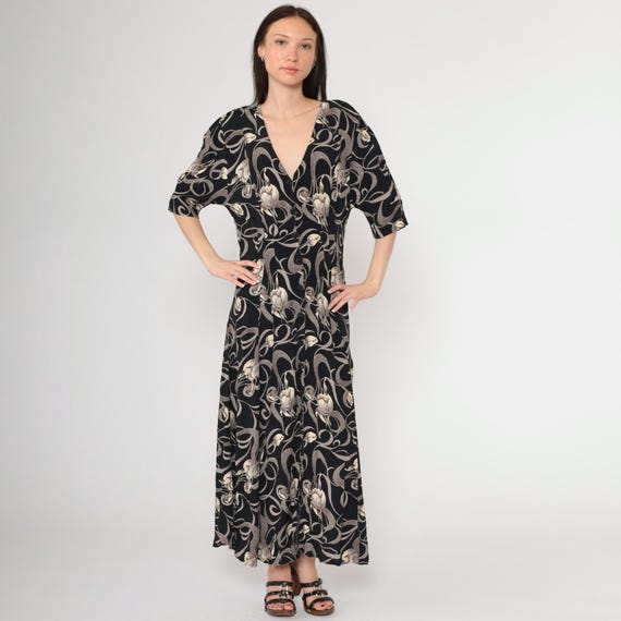 Vintage 90s Black Floral Dress Tulip Swirl Print Maxi Button up V Neck Day Dress Short Sleeve Retro Grunge Summer Casual 1990s Medium Large