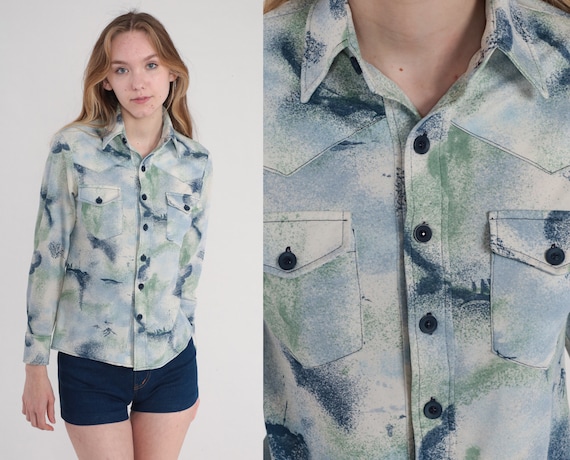 70s Disco Shirt Western Abstract Button Up Shirt Blue Green White Watercolor Print Collared Top Groovy Boho Vintage 1970s Long Sleeve XS