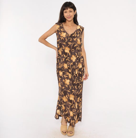 90s Floral Maxi Dress Brown Gold Vine Sleeveless V Neck Shift Plus Size Chocolate Tan Summer Cottage Prairie Vintage Extra Extra Large XXL