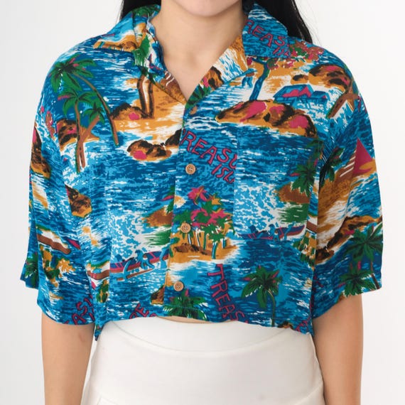 90s Hawaiian Crop Top Blue Tropical Treasure Island Blouse Button up Cropped Shirt Hawaiian Island Surfer Vintage 1990s Rayon Medium