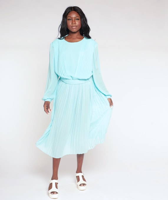 Pleated Blue Dress 80s Semi Sheer Blouson Dress Boho Secretary High Waisted Long Sleeve Midi Draped Pastel Vintage 1980s Medium Large