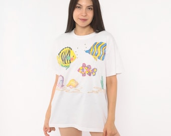 Tropical Fish Tee 90s Underwater Ocean Sea Life Glitter Puff Paint White Beach Summer Vacation Aquatic Shell Coral Reef Colorful Large L