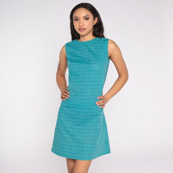 60s Mod Mini Dress Blue Green Checkered Print Dress Plaid Shift Twiggy 1960s Vintage Sixties Short Sleeve Minidress Drop Waist Small