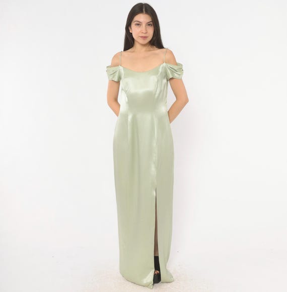 Sage Green Gown 90s Cold Shoulder Maxi Dress Bill Levkoff Mint Front Slit Formal Evening Prom Wedding Bridesmaid Fairy Vintage Medium M