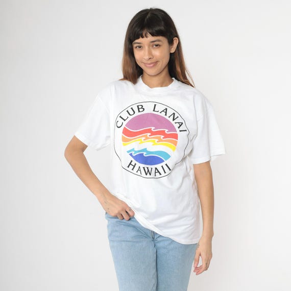 90s Club Lanai Hawaii T Shirt Rainbow Wave Graphic TShirt White Tropical Surf Shirt Vintage Travel Hawaiian Large
