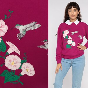 Hummingbird Sweatshirt Bird 80s Sweatshirt Magenta Graphic Flower Print Grandma 1980s Floral Collared Sweatshirt Vintage Medium